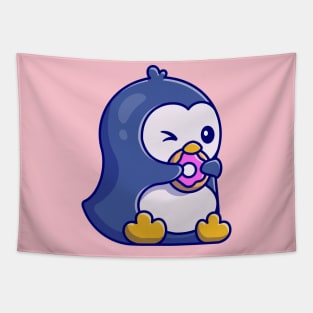 Cute Penguin Eating Doughnut Cartoon Tapestry