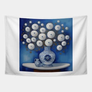 Abstract White Flowers in a Blue and White Vase Tapestry