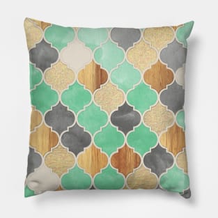 Charcoal, Mint, Wood & Gold Moroccan Pattern Pillow