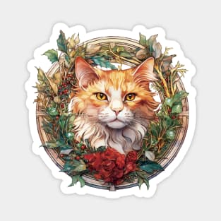 Holiday Ginger Cat with Christmas Wreath Magnet