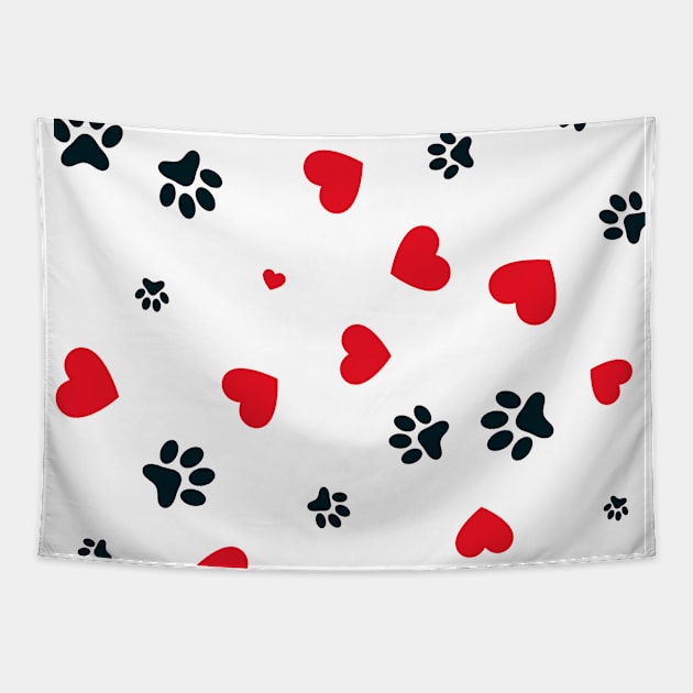 Dog Paw Red Hearts Art Tapestry by Tshirtstory