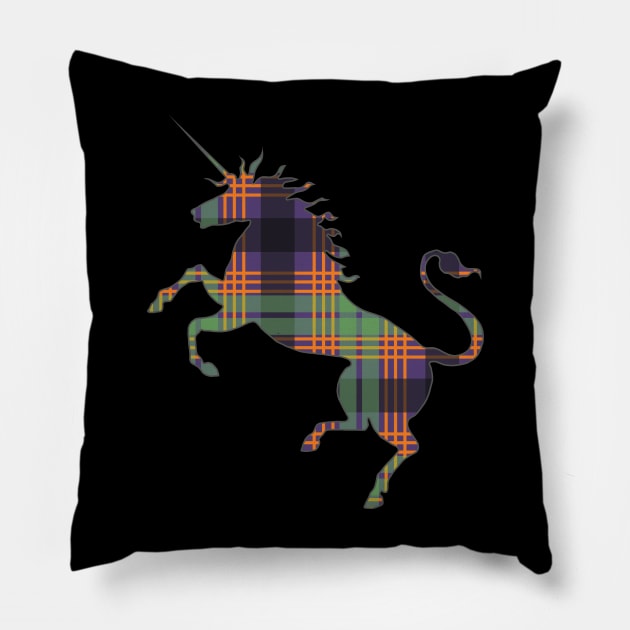 Scottish Purple, Orange and Green Tartan Rearing Unicorn Silhouette Pillow by MacPean