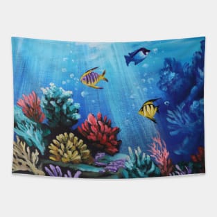 Blue Underwater Under the Sea Coral Reef Aquarium Saltwater Fish Tapestry