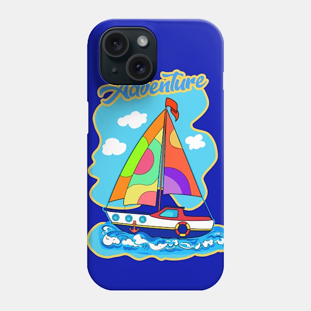 Adventure. Summer Travel in a boat with sails, Beautiful Sea, Sky, blue boat with sail illustration. Gifts for boy. Cartoon, cute ship Phone Case by sofiartmedia