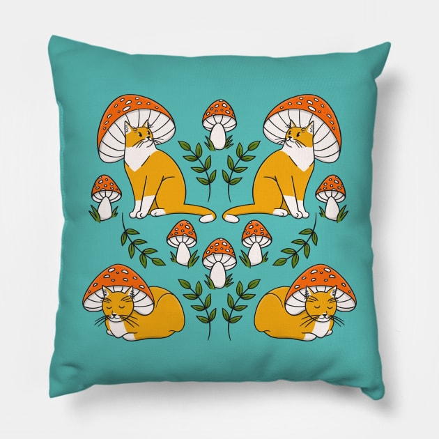 Cute Orange Mushroom Cats Pillow by Tamara Lance