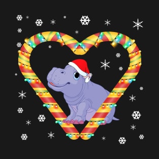 Cute Hippopotamus Candy Cane Heart Christmas Light Gift T-Shirt