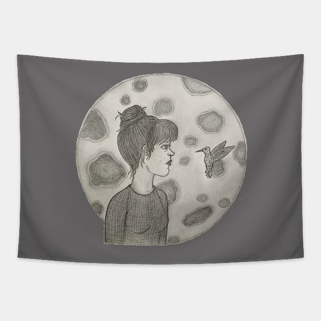 Woman and Hummingbird with Moon, “Everything’s Connected” Tapestry by LuvbuzzArt