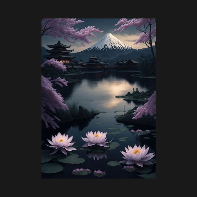 Serene Mount Fuji Sunset - Peaceful River Scenery - Lotus Flowers by star trek fanart and more