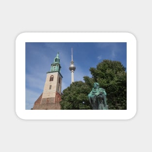 Martin Luther monument in front of St. Marien Church and Berlin TV Tower Magnet