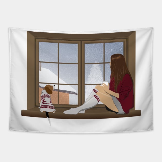 Girl and beagle dog sitting on the window. winter landscape Tapestry by NinoRc