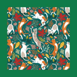 Autumn joy // pattern // pine green background cats dancing with many leaves in fall colors T-Shirt