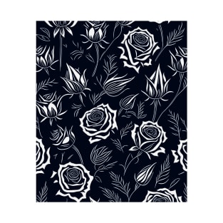 Floral Pattern Flowers Line Art Roses White and Black T-Shirt