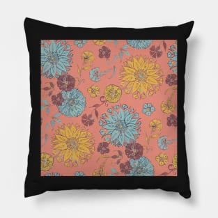 Multi Florals Pattern in Coral, Yellow & Blue Pillow