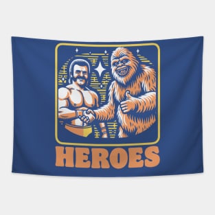 Heroes! Funny Sasquatch and Eighties WWF Wrestler Shaking Hands Tapestry