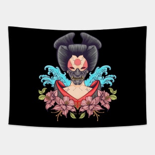 oni mask red girl samurai water flower Tapestry