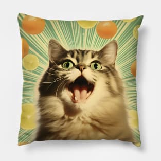 Vibrant Crazy Cat Collage Surrounded by Citrus Fruit - Unique Quirky Kitty Art Pillow