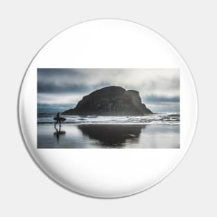 Man with surfboard moody beach vibes Pin