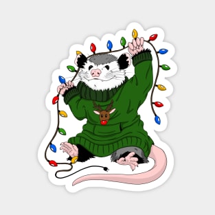 Opossum in Christmas sweater, assorting light bulbs Magnet