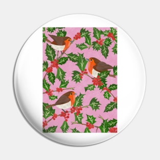 Three little paper cut robins on a holly bush Pin