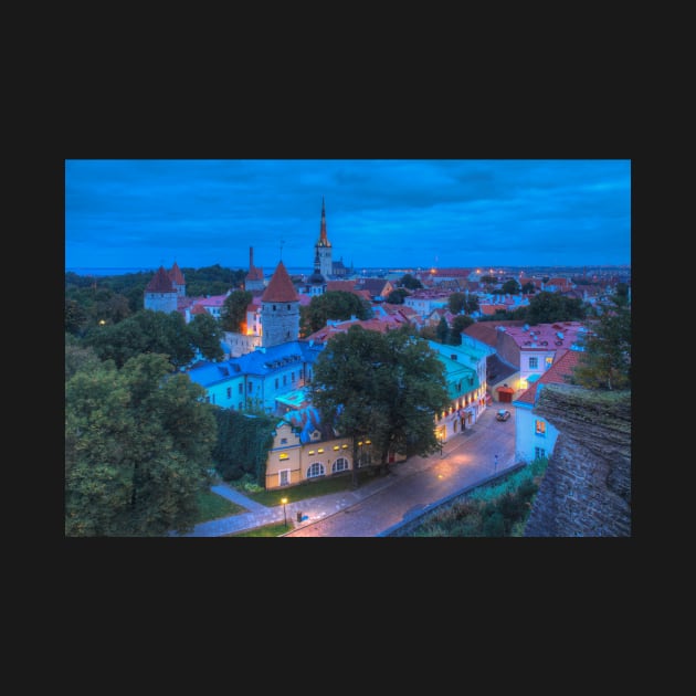 View from Toompea of the Lower Town, Old Town with Olai's Church or Oleviste Kirik, and a tower of the city wall, Tallinn, Estonia, Europe by Kruegerfoto