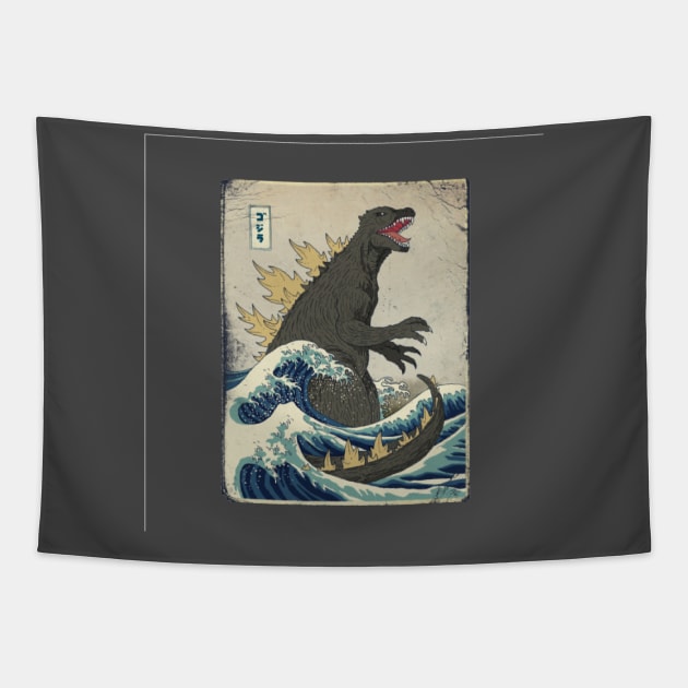 kaiju and wave Tapestry by HenryHenry