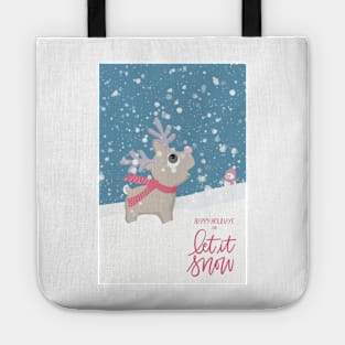 The first snow. Surprised little reindeer looking up in the sky. Let it snow and Merry Christmas. Tote