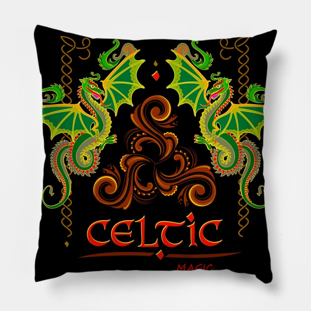 Celtic dragons and Triskele symbol Pillow by Artist Natalja Cernecka