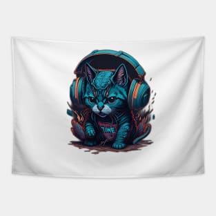 Kitten playing with TNT, wearing headphones Tapestry