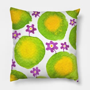 Green and yellow circles with violet flowers Pillow