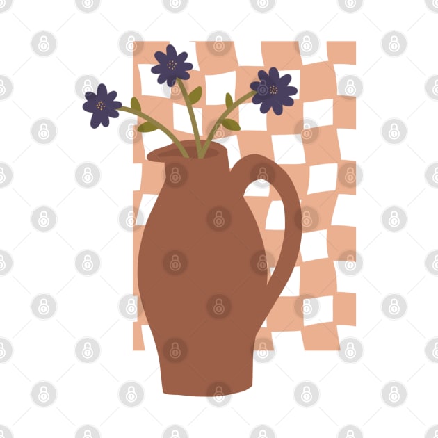 large terracotta vase with a trio of blue flowers on checkerboard background by JuneNostalgia