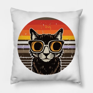 vintage brown a black cat in glasses, retro sunset Pillow