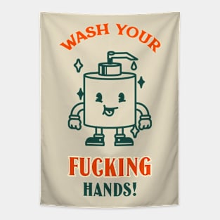 Funny Vintage "Wash Your F*cking Hands!" Cartoon Tapestry