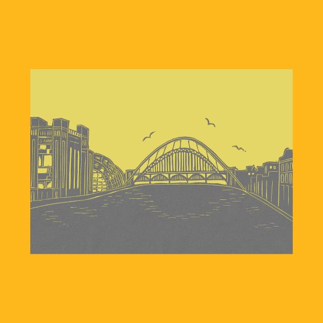 Tyne Bridge and Bridges of NewcastleGateshead Quayside Linocut in Yellow and Grey by Maddybennettart