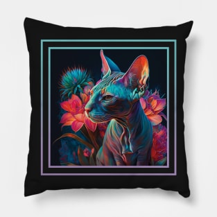 Crotchety Sphynx Cat Vibrant Tropical Flower Digital Oil Painting Portrait Pillow