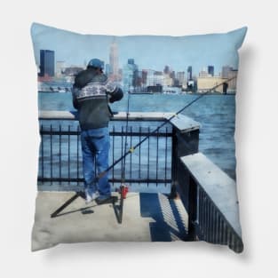 Hoboken NJ - Man Fishing Off Hoboken Pier Pillow
