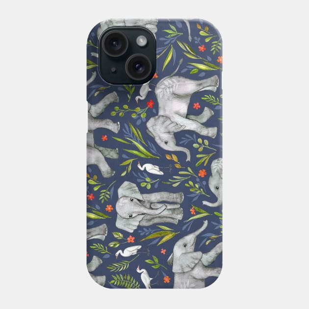 Baby Elephants and Egrets in Watercolor - navy blue Phone Case by micklyn