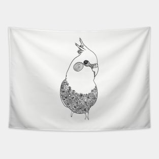 black and white line cockatiel parrot bird flower Tapestry