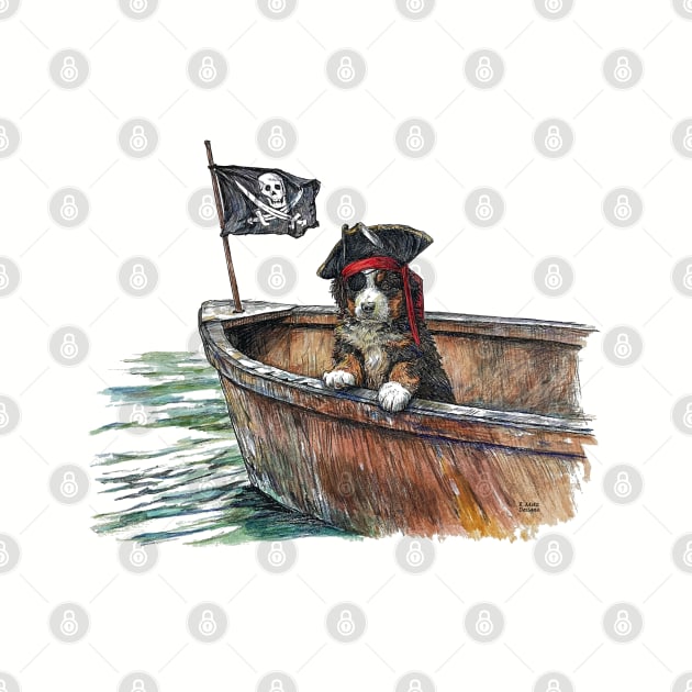 Little Berner Puppy Dog Pirate in Boat with Jolly Roger Flag by Prairie Dog Print