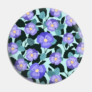 Fancy Pansy floral surface pattern with dark green leaves on pale aqua background Pin