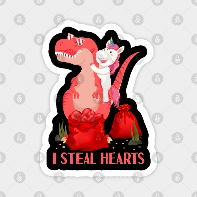 I Steal Hearts Unicorn Riding T rex Dinosaur Valentines Day Magnet by Tesszero