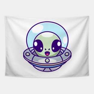 Cute alien flying with spaceship ufo cartoon Tapestry