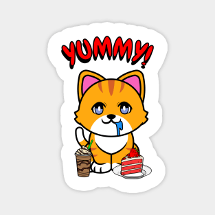 Cute orange cat is having coffee and cake Magnet