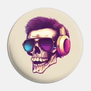 synthwave skull with headphones and sunglasses Pin