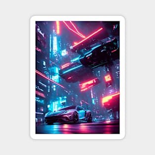 Dark Neon City Sports Car Magnet