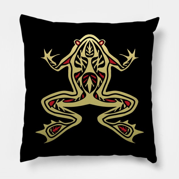 Frog in Gold and Black Totem Design Pillow by PatricianneK