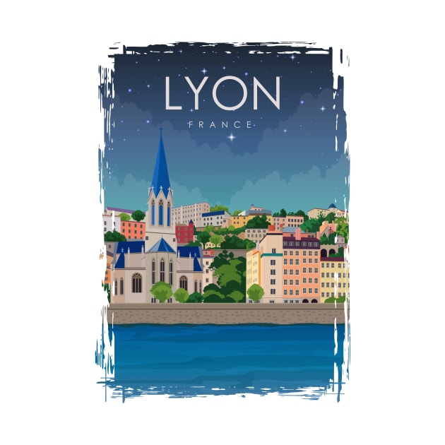 Lyon France Vintage Minimal Retro Travel Poster by jornvanhezik