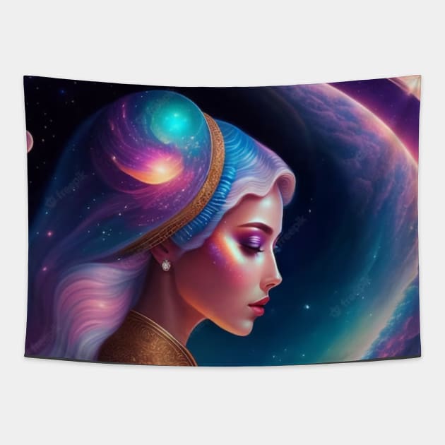 A woman with a purple dress and a purple star on her head Tapestry by TheDesigNook