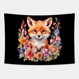 A red fox decorated with beautiful watercolor flowers Tapestry