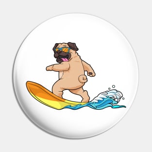 Pug as surfer with surfboard Pin