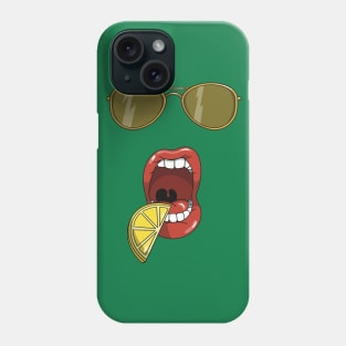 Mouth about to eat a slice of a yellow lemon and matching yellow sun glasses Phone Case